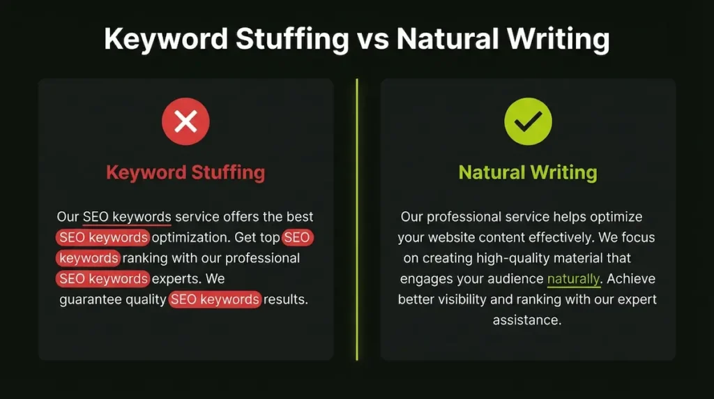 Keyword stuffing vs natural keyword use in SEO content comparison