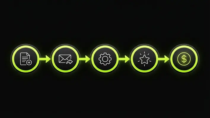 Flow diagram showing automated email sequence from signup to sale for small businesses
