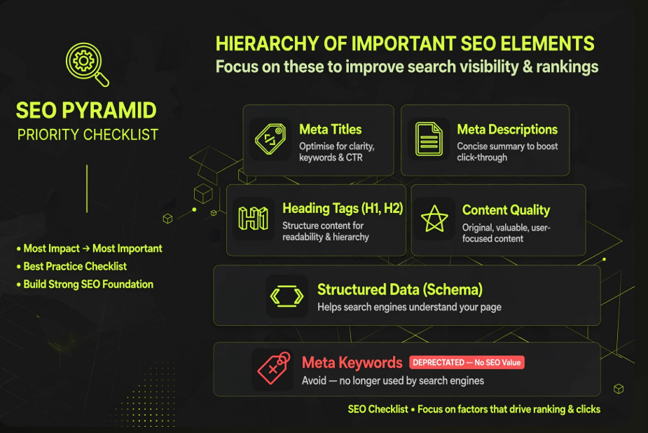 Infographic titled "Hierarchy of Important SEO Elements" showing a priority pyramid with Meta Titles, Meta Descriptions, Heading Tags, Content Quality, and Structured Data, while Meta Keywords are marked as deprecated.