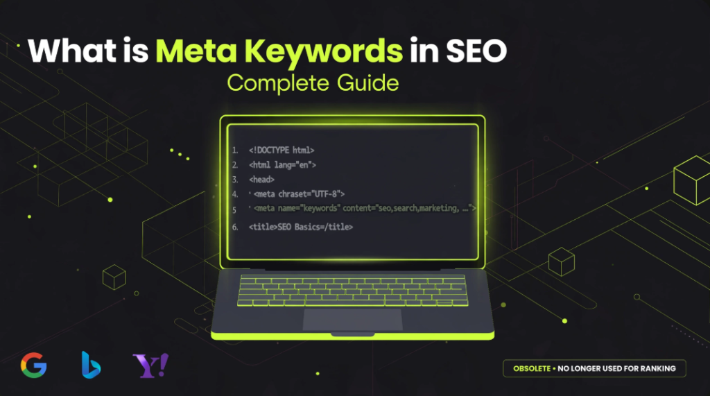 Screenshot showing a code example of the tag in HTML with the label "What is Meta Keywords in SEO — Complete Guide" and a red "OBSOLETE • NO LONGER USED FOR RANKING" stamp.