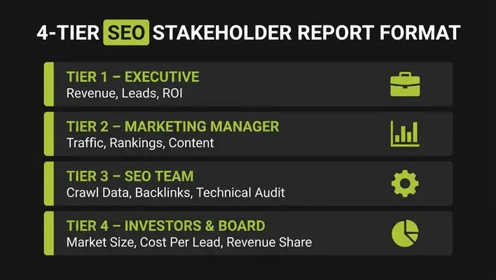 Framework showing SEO reporting tiers for executives, marketing managers, and SEO teams with relevant metrics for each audienc