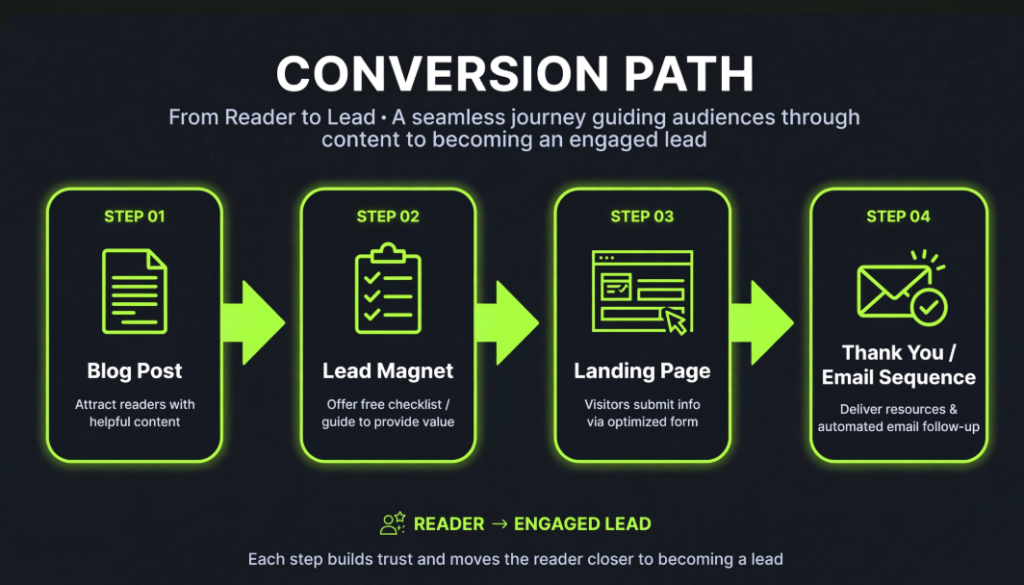 Four-step conversion path infographic from Reader to Lead: Blog Post → Lead Magnet → Landing Page → Thank You/Email Sequence.