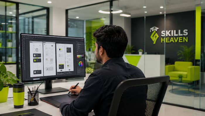 UI UX designer working on wireframes for web development project at Skills Heaven agency
