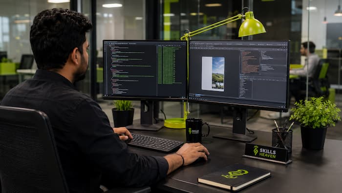  web developer testing and deploying a web application at a Skills Heaven agency workstation
