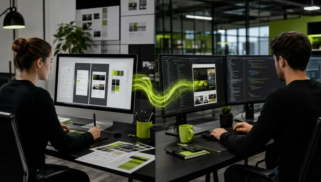Frontend website displayed on multiple devices connected to backend servers and databases. The difference between web design and development