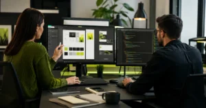 Web designer and web developer collaborating to build a modern website in a professional workspace
