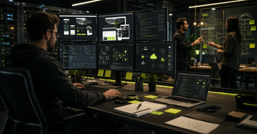Developer creating a responsive website with front-end interface, back-end server architecture, APIs, databases, and multiple device testing.