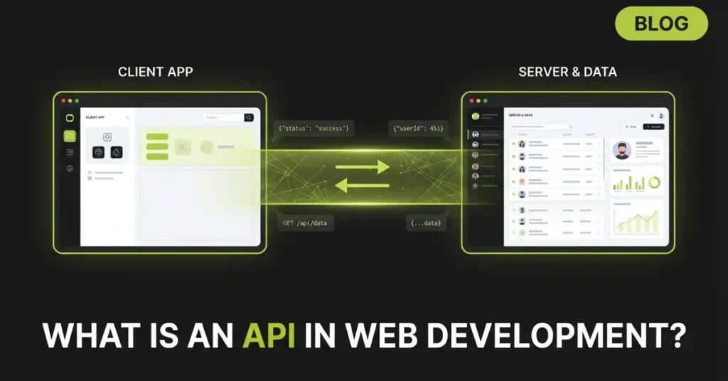 Illustration of an API acting as a bridge connecting two web applications exchanging JSON data
