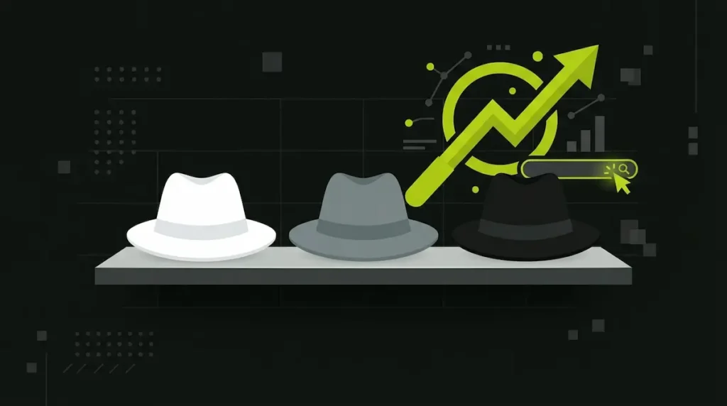 What is grey hat SEO illustrated with grey hat placed between white hat and black hat SEO icons