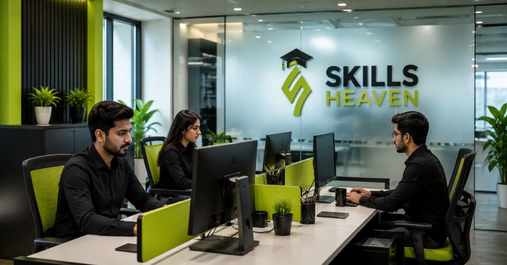 what is web development about showing developers working at Skills Heaven agency office