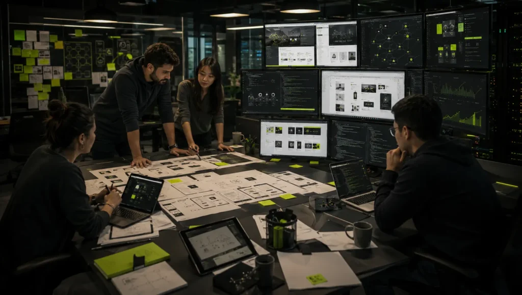 Professional web developers building a modern website with front-end coding, back-end systems, and responsive web development in a collaborative workspace.