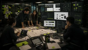 Professional web developers building a modern website with front-end coding, back-end systems, and responsive web development in a collaborative workspace.