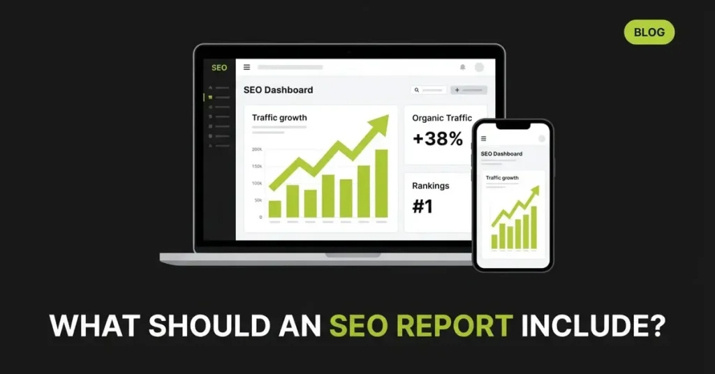 SEO report dashboard on laptop and mobile showing organic traffic growth and keyword rankings