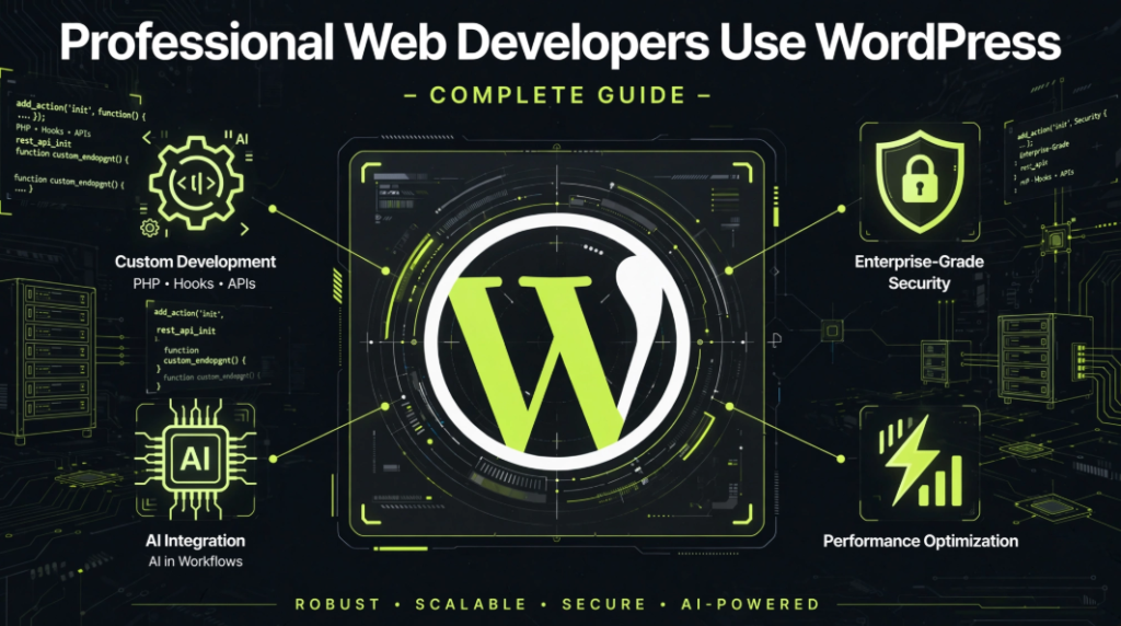 Professional web developers use WordPress – infographic covering custom development, enterprise security, AI integration, and performance optimization.