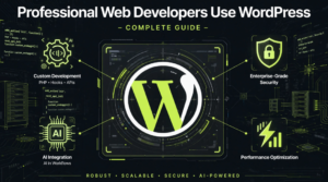 Professional web developers use WordPress – infographic covering custom development, enterprise security, AI integration, and performance optimization.
